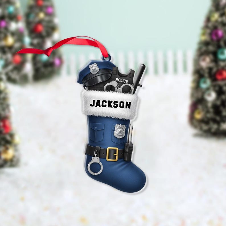 Custom Police Officer Christmas Stocking Ornament Personalized Law Enforcement Holiday Decoration