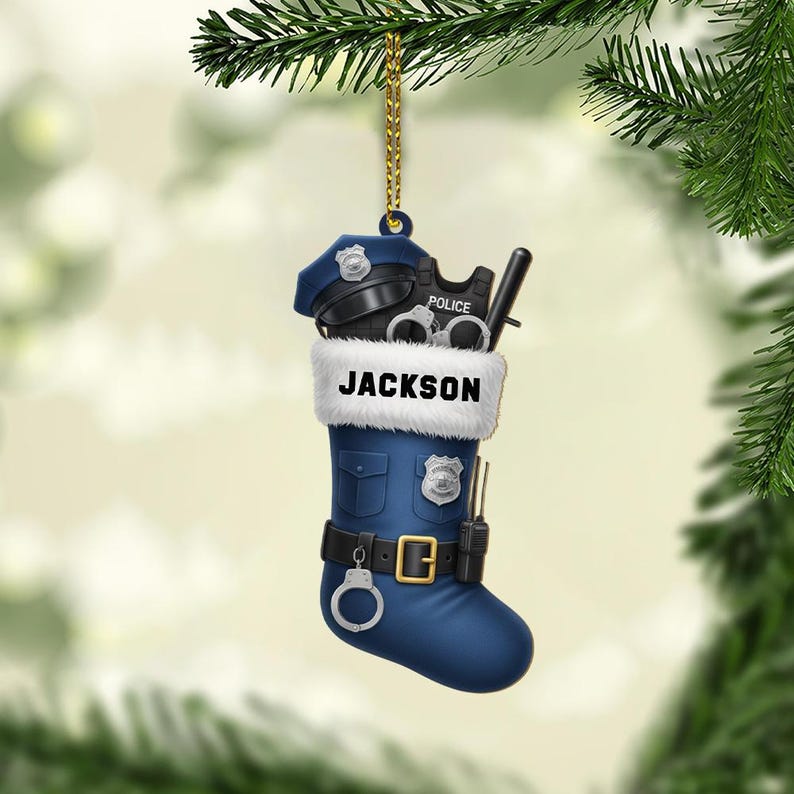Custom Police Officer Christmas Stocking Ornament Personalized Law Enforcement Holiday Decoration