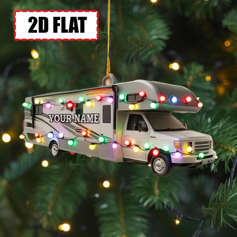 Personalized RV Camper Ornament Flat 2D Acrylic Motorhome Decoration with Christmas Lights, Custom Name Travel Keepsake Gift for Campers