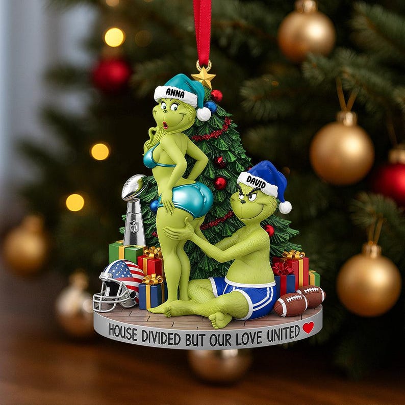 Personalized Green Monster Couple Football Christmas Ornament, House Divided Ornament, Football Orament, Merry Grinchmas Mr Mrs Ornament