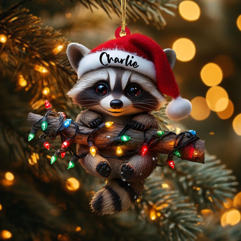 Acrylic Raccoon Christmas Ornament, Cute Santa Hat Woodland Animal, Holding String Lights, Personalized Name & Year, Xmas Tree Decor 2025