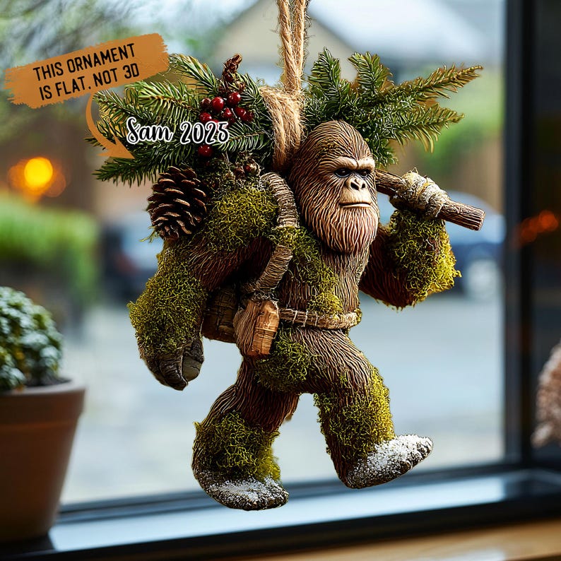 Bigfoot Christmas Ornament, Mossy Sasquatch with Pine Branch Cones, Woodland Holiday Decor, Custom Name Year, Rustic Cabin Xmas 2025