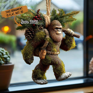 Bigfoot Christmas Ornament, Mossy Sasquatch with Pine Branch Cones, Woodland Holiday Decor, Custom Name Year, Rustic Cabin Xmas 2025
