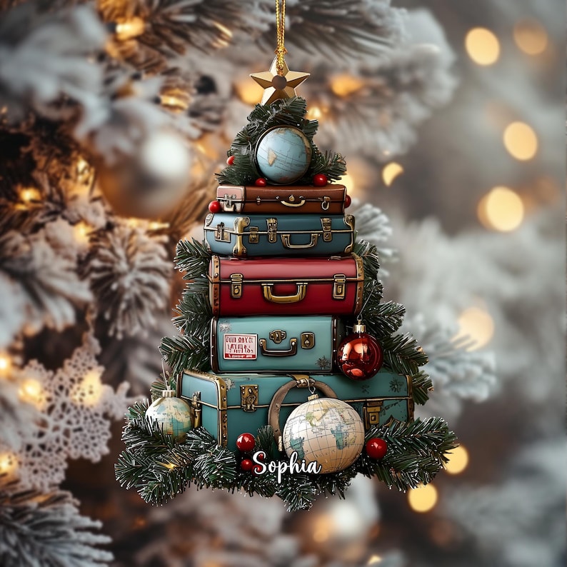 Personalized Travel Suitcase Ornament, Acrylic Or Wood Christmas Tree Decor 2025, Wanderlust Luggage Stack, Holiday Gift For Traveler
