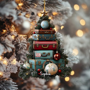 Personalized Travel Suitcase Ornament, Acrylic Or Wood Christmas Tree Decor 2025, Wanderlust Luggage Stack, Holiday Gift For Traveler