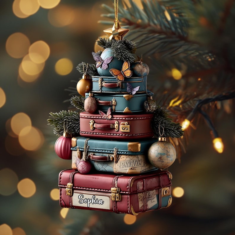 Personalized Travel Suitcase Ornament, Acrylic Or Wood Christmas Tree Decor 2025, Wanderlust Luggage Stack, Holiday Gift For Traveler