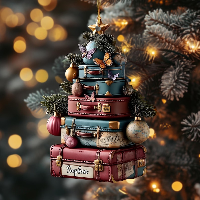 Personalized Travel Suitcase Ornament, Acrylic Or Wood Christmas Tree Decor 2025, Wanderlust Luggage Stack, Holiday Gift For Traveler