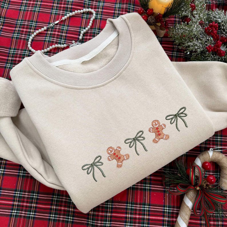 Coquette Christmas Embroidered Bundle Sweatshirt, Christmas Tree Embroidery Sweatshirt, Christmas Embroidery Sweatshirt, Embroidered Gingerbread, Cute Bow