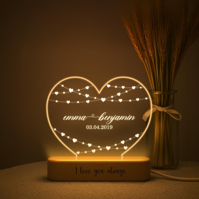 Personalized Heart LED Lamp Custom Names & Date, Anniversary Gift