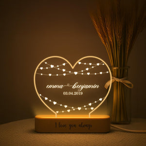 Personalized Heart LED Lamp Custom Names & Date, Anniversary Gift