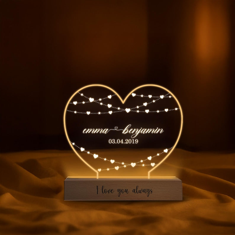 Personalized Heart LED Lamp Custom Names & Date, Anniversary Gift