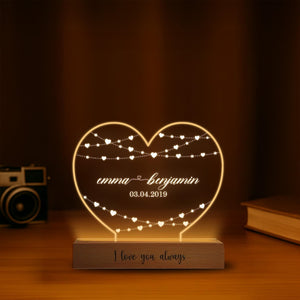 Personalized Heart LED Lamp Custom Names & Date, Anniversary Gift