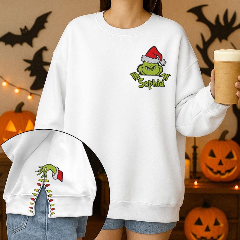 Custom Grinch Side Bow Cut-Out Sweatshirt, Christmas Bow Embellished Sweatshirt, Funny Grinch Hand Embroidered Sweatshirt, Christmas Gifts