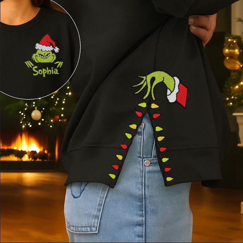 Custom Grinch Side Bow Cut-Out Sweatshirt, Christmas Bow Embellished Sweatshirt, Funny Grinch Hand Embroidered Sweatshirt, Christmas Gifts