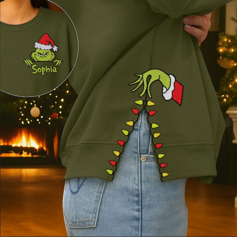 Custom Grinch Side Bow Cut-Out Sweatshirt, Christmas Bow Embellished Sweatshirt, Funny Grinch Hand Embroidered Sweatshirt, Christmas Gifts