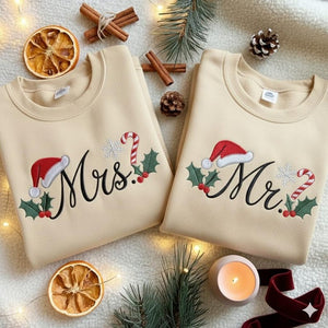 EMBROIDERED Christmas Mr & Mrs Sweatshirt, Winter Wedding Shirt, Christmas Husband Wife Shirt, Matching Family Shirt, Christmas Couple Shirt