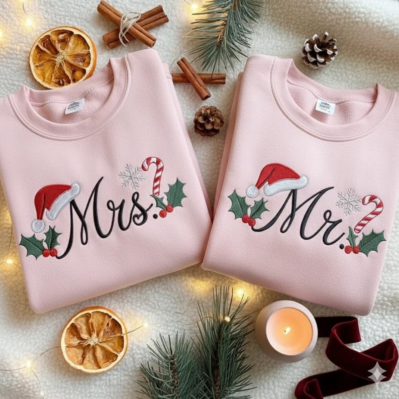 EMBROIDERED Christmas Mr & Mrs Sweatshirt, Winter Wedding Shirt, Christmas Husband Wife Shirt, Matching Family Shirt, Christmas Couple Shirt