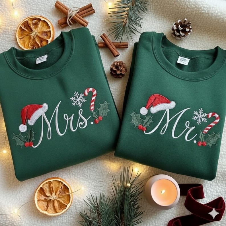 EMBROIDERED Christmas Mr & Mrs Sweatshirt, Winter Wedding Shirt, Christmas Husband Wife Shirt, Matching Family Shirt, Christmas Couple Shirt