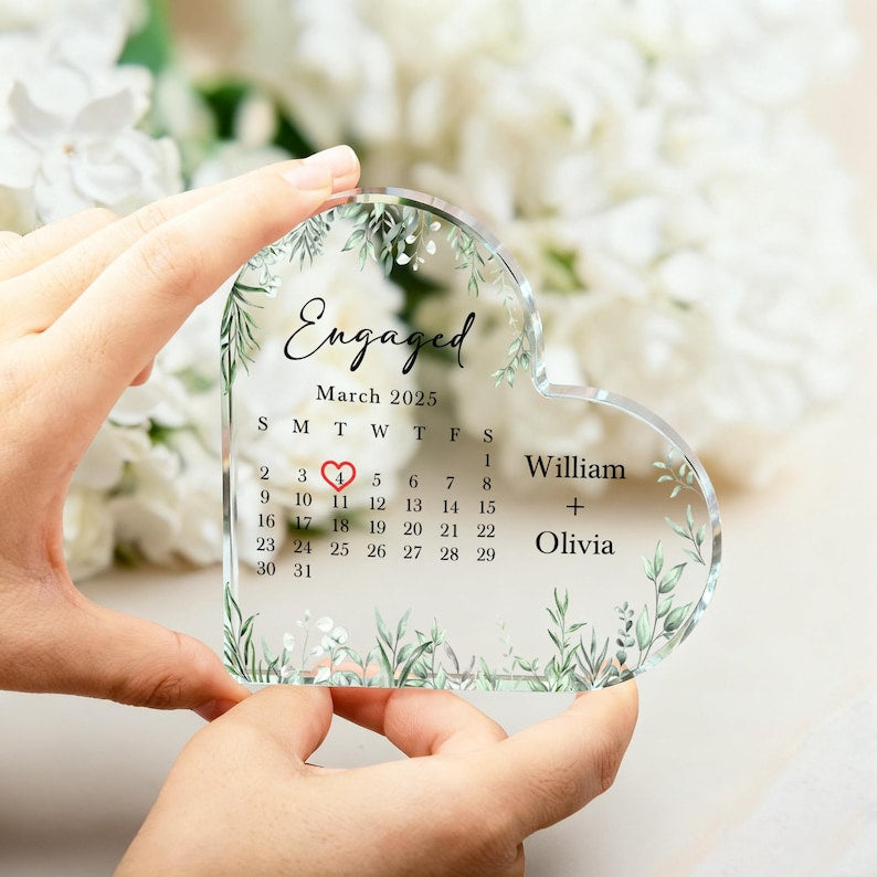 Personalized Engaged Calendar Acrylic Block Plaque, Custom Engagement Print Block Gift for Couple, Wedding Keepsake, Anniversary/Xmas Gift