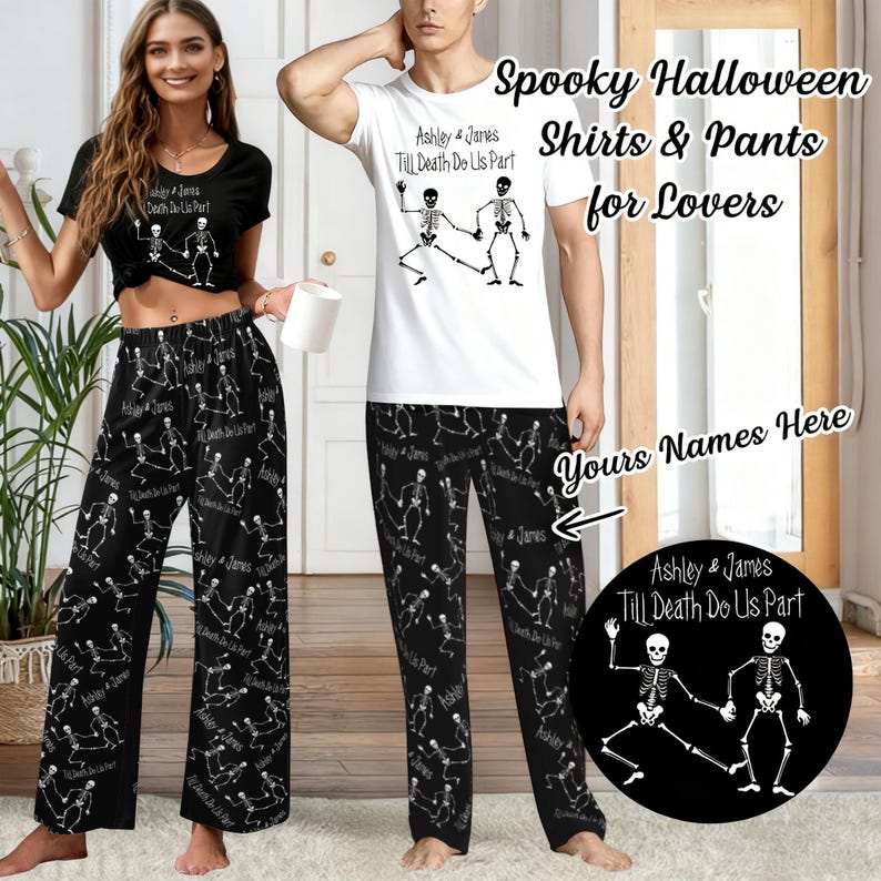 Custom Matching Couple Halloween Pajamas Pant with Names, Personalized Skeleton Pj Bottom, Spooky Halloween Gift for Her Him