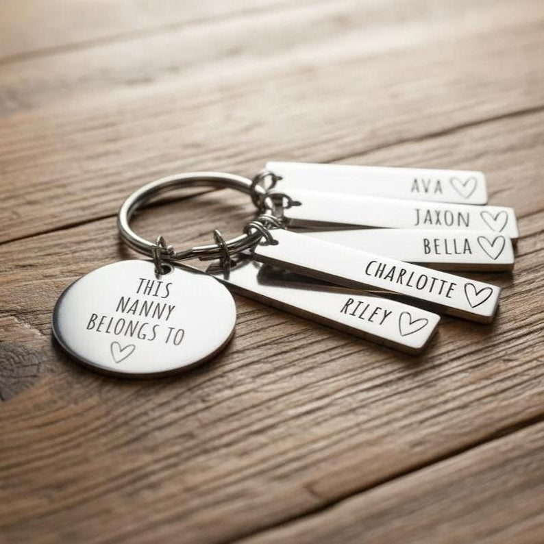Personalised Family Keyring Mother's Day Gift: Nanny, Mummy Belongs To Personalized Engraved Daddy, Nanny, Grandad, Mum Loved By Name Tags