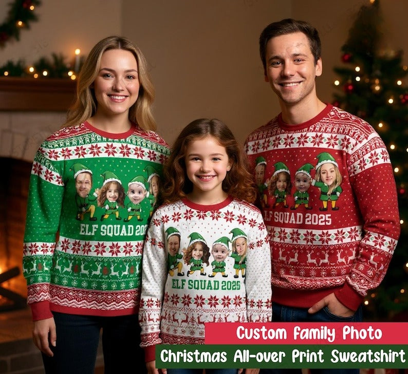 Personalized Family Elf Christmas Sweater 2025, Custom Photo & Name Ugly Xmas Sweater, Matching Holiday Party Outfit for Family and Friends