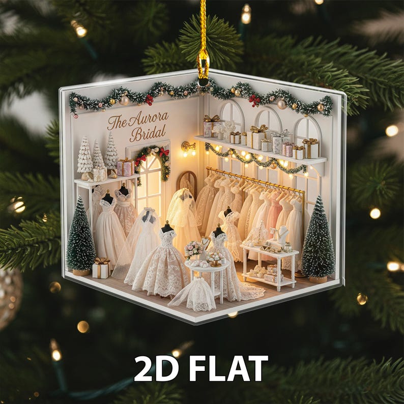 Bridal Shop 2D FLAT Ornament, Wedding Dress Christmas Ornament, Personalized Bridal Boutique Decor, Unique Bride Gift Holiday Keepsake