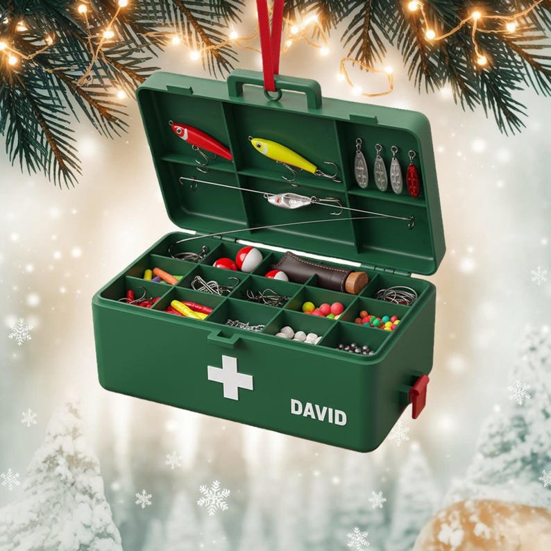 Custom Fishing Tackle Box Christmas Ornament, Tree Hanging Decor, Flat 2D Acrylic, Personalized Fisherman Gift for Him Holiday Keepsake 2025
