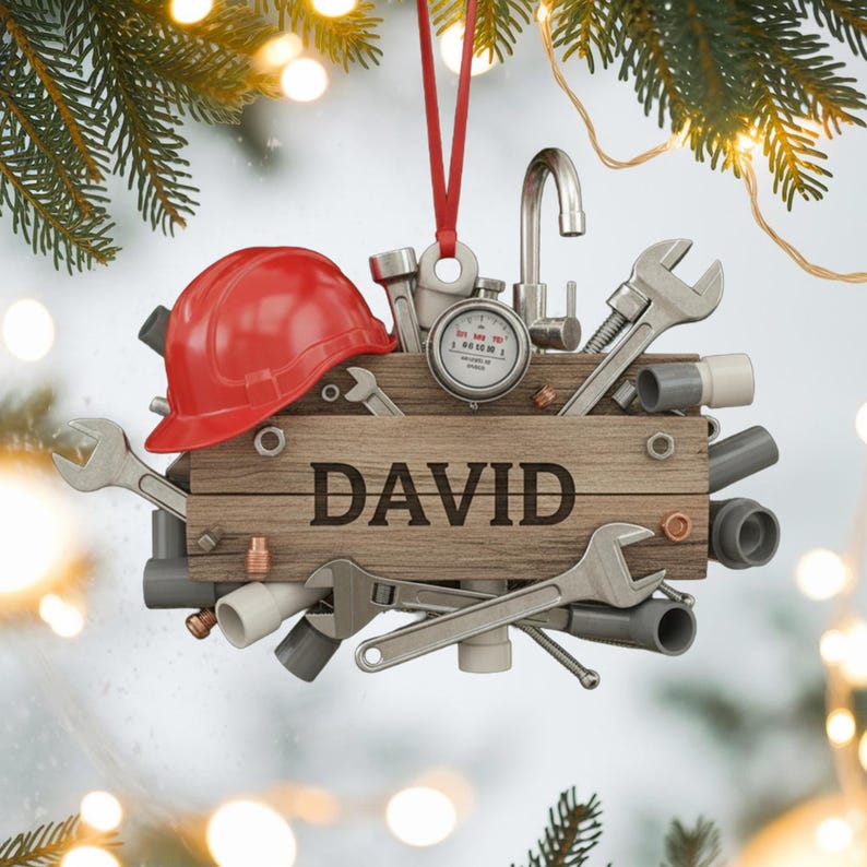Custom Plumber Tools Christmas Ornament, Tree Hanging Decor, Flat 2D Acrylic, Personalized Handyman Gift for Him Holiday Keepsake 2025