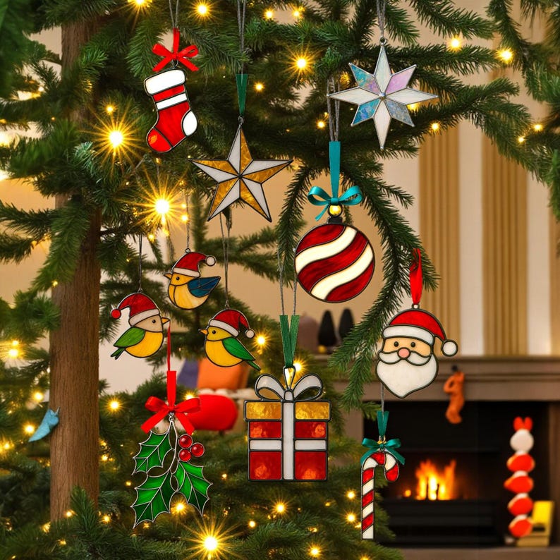 Handmade Stained Glass Christmas Ornaments: Holiday Home Decor Set