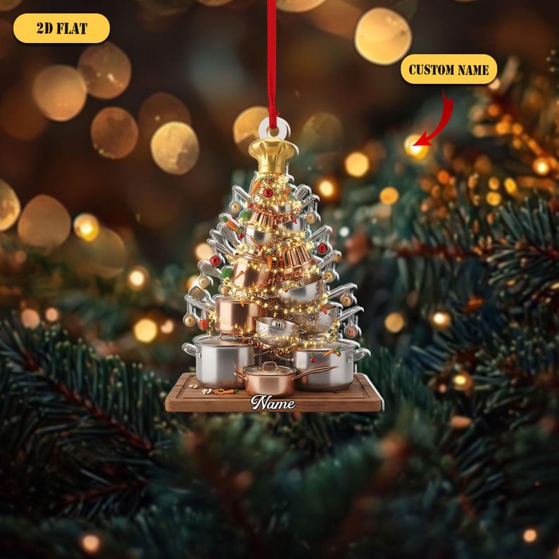 Personalized Chef Christmas Tree 2D Flat Acrylic Ornament, Custom Name Cooking Gift, Unique Holiday Kitchen Xmas Decoration for Food Lovers