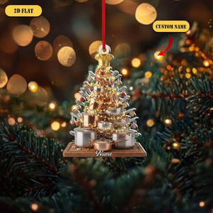 Personalized Chef Christmas Tree 2D Flat Acrylic Ornament, Custom Name Cooking Gift, Unique Holiday Kitchen Xmas Decoration for Food Lovers