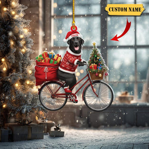 Personalized Black Labrador on Bike Ornament Custom Name 2D Flat Acrylic Christmas Decoration with Gifts & Tree, Dog Lover Gift 2025
