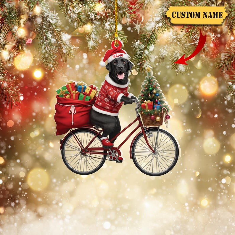 Personalized Black Labrador on Bike Ornament Custom Name 2D Flat Acrylic Christmas Decoration with Gifts & Tree, Dog Lover Gift 2025