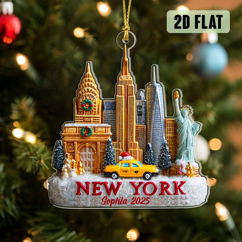 Custom Name New York 2D FLAT Acrylic Ornament, Empire State Building Ornament, Personalized NYC Souvenir for Travelers