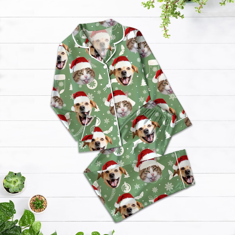 CUSTOM Christmas Dog Cat Pajama Set, Funny Pet Face Holiday Sleepwear, Puppy Kitty Pet Christmas PJs, Matching Family Pajamas Gift