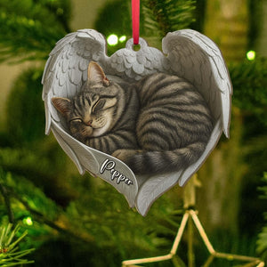 Personalized Tabby Cat Sleeping Angel Wings 2D Flat Wooden Ornament, Tabby Cat Christmas Ornament Gift, Cat Ornament, Gift For Pet Lovers