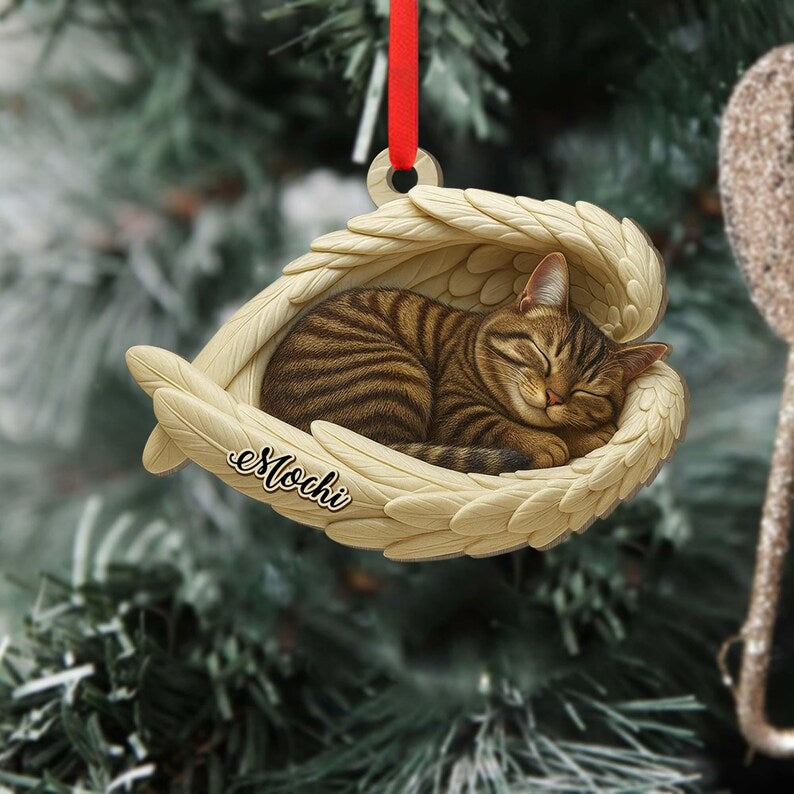 Personalized Tabby Cat Sleeping Angel Wings 2D Flat Wooden Ornament, Tabby Cat Christmas Ornament Gift, Cat Ornament, Gift For Pet Lovers