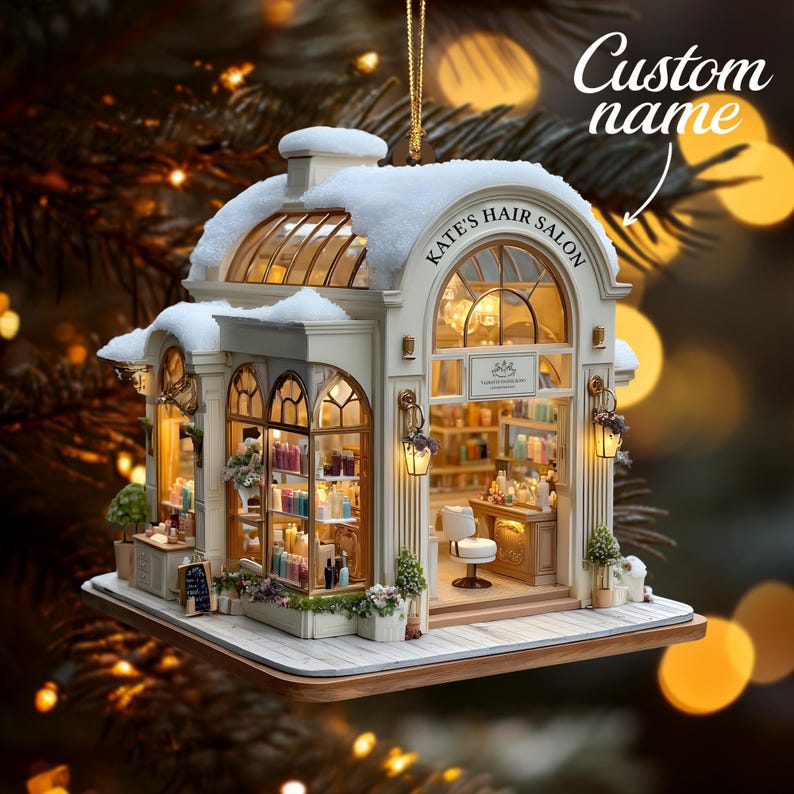 Custom Name Hair Salon Christmas Ornament, Personalized Stylist Shop with Snowy Roof & Lights, Custom Name Year Gift,Xmas Village Decor 2025