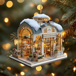 Custom Name Hair Salon Christmas Ornament, Personalized Stylist Shop with Snowy Roof & Lights, Custom Name Year Gift,Xmas Village Decor 2025