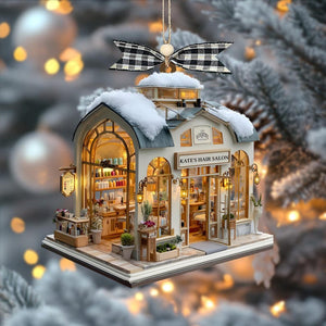 Custom Name Hair Salon Christmas Ornament, Personalized Stylist Shop with Snowy Roof & Lights, Custom Name Year Gift,Xmas Village Decor 2025