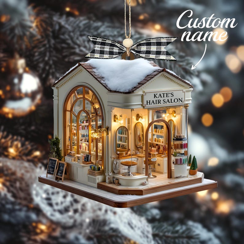 Custom Name Hair Salon Christmas Ornament, Personalized Stylist Shop with Snowy Roof & Lights, Custom Name Year Gift,Xmas Village Decor 2025