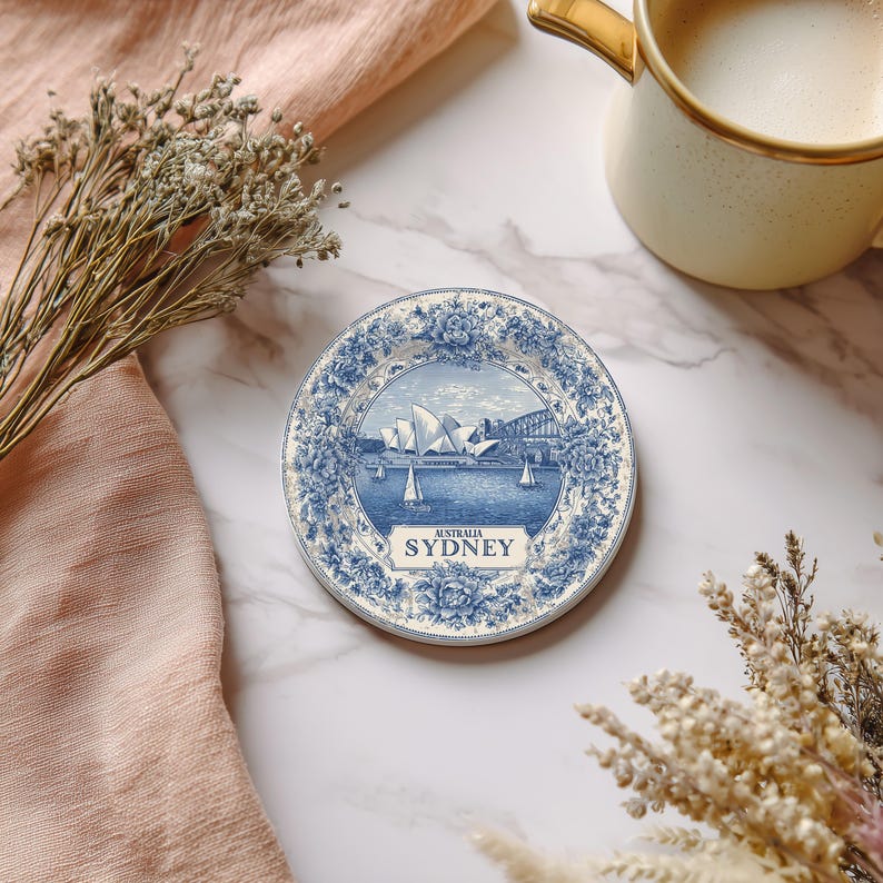 Sydney Australia Delftware Ceramic Coaster, Blue White Travel Gift, Vintage Home Decor Collectible