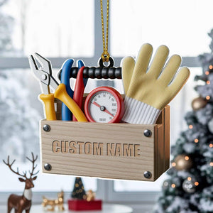 Toolbox Christmas Ornament 2025 | Tree Hanging Decor, Custom Ornament with Wood Box Tools & Gloves | Gift for Handymen, Mechanics DIY Lovers
