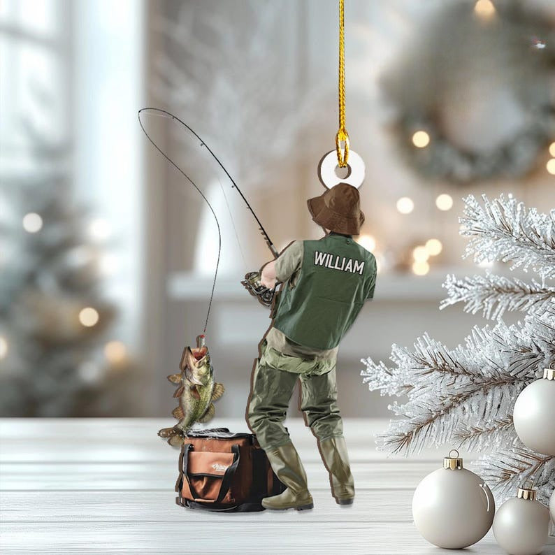 Personalized Fishing Ornament, Custom Fisherman Christmas Decoration, Unique Angler Gift for Dad Husband Boyfriend, Bass Fishing Decor