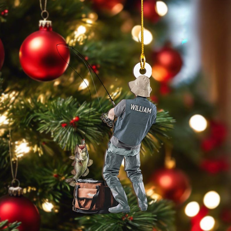 Personalized Fishing Ornament, Custom Fisherman Christmas Decoration, Unique Angler Gift for Dad Husband Boyfriend, Bass Fishing Decor