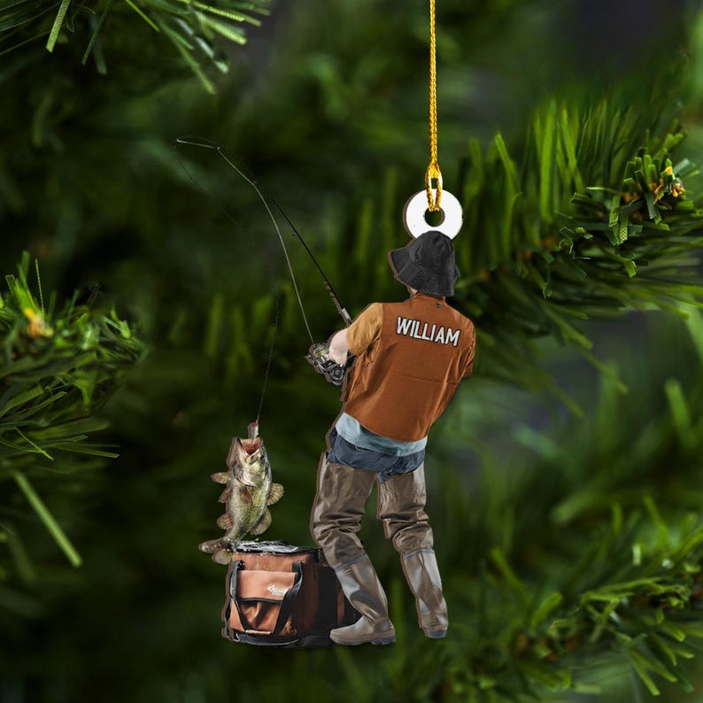 Personalized Fishing Ornament, Custom Fisherman Christmas Decoration, Unique Angler Gift for Dad Husband Boyfriend, Bass Fishing Decor