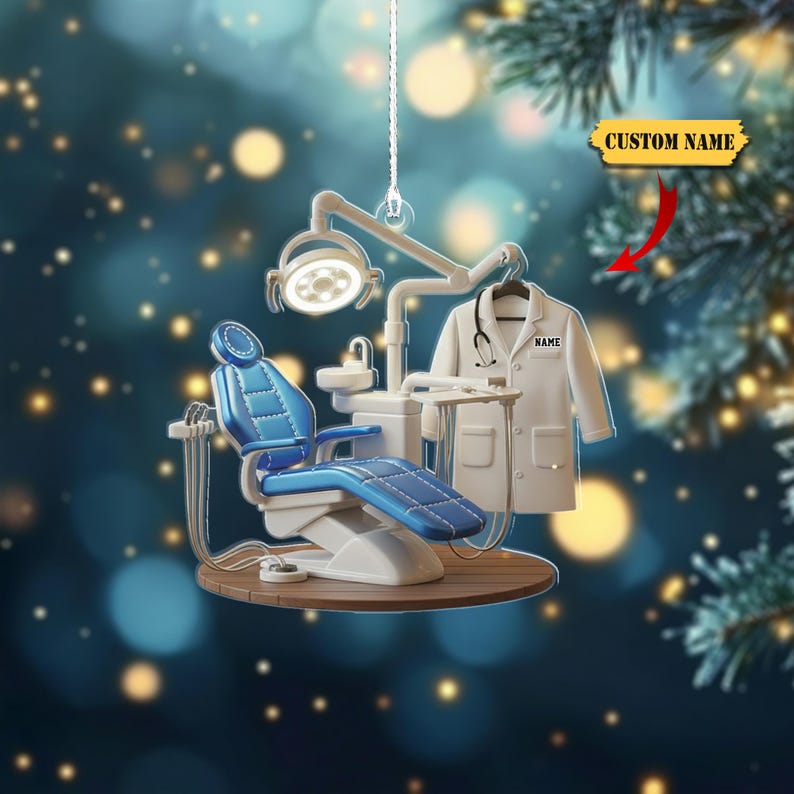 Personalized Dentist Chair 2D Flat Acrylic Ornament, Custom Name Dental Office Christmas Decoration, Dental Hygienist Holiday Gift