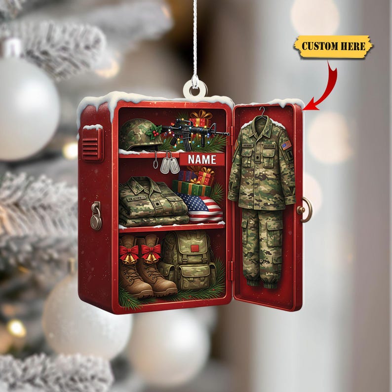 Personalized Military Locker Ornament Custom 2D Flat Acrylic Christmas Keepsake with Soldier Uniform, Flag, Boots, Gifts & Name