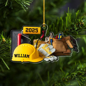 Personalized Construction Worker Ornament, Custom Builder Hard Hat Ornament, Handyman Tool Belt Gift for Builders, Engineers & Contractors